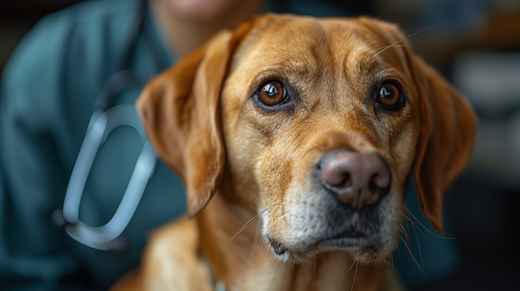 Veterinarian checking dog heart rate for circulation problems from dog poisoning