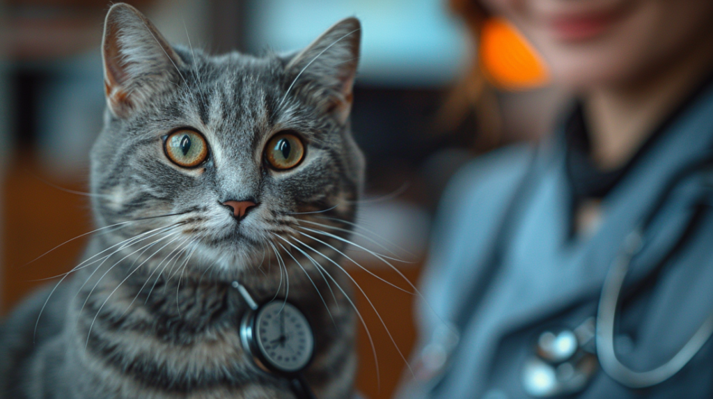 Veterinarian checking cat heart rate for circulation problems from cat poisoning