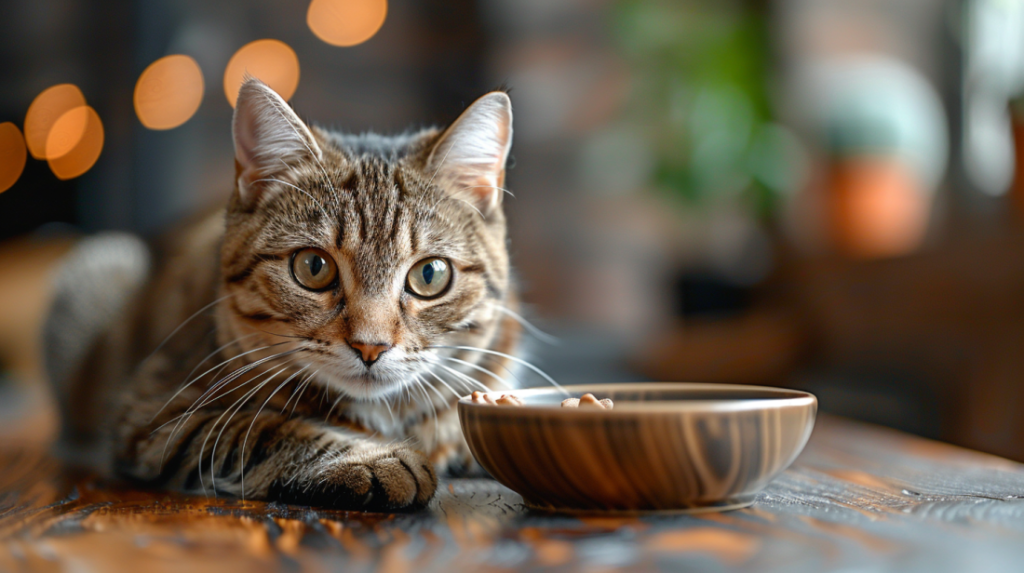 Cat with chronic kidney disease showing loss of appetite and refusing food bowl