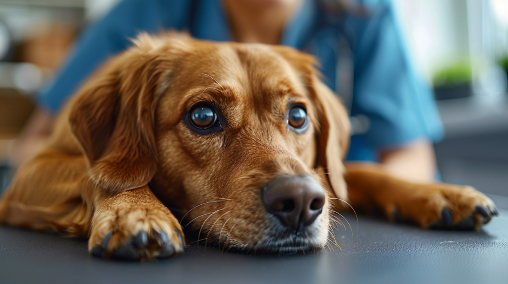 Dog with bloated swollen belly showing intestinal worms in dogs abdominal distension