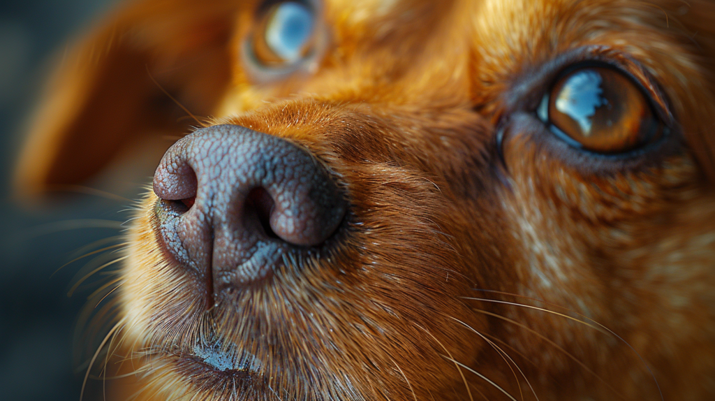 Dog face showing thick eye and nasal discharge characteristic of canine distemper