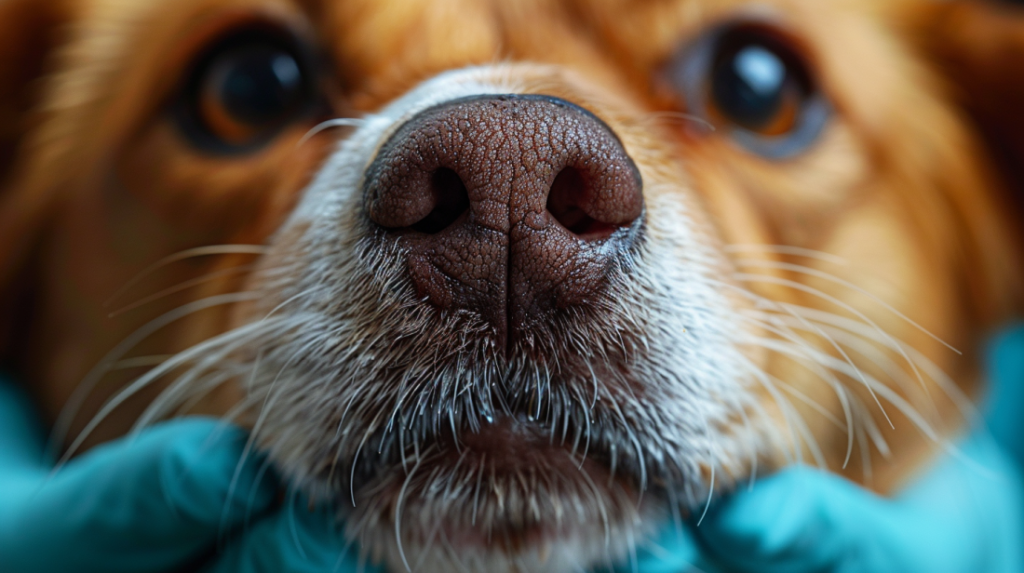 Dog paws showing hardened pads hyperkeratosis from chronic canine distemper infection
