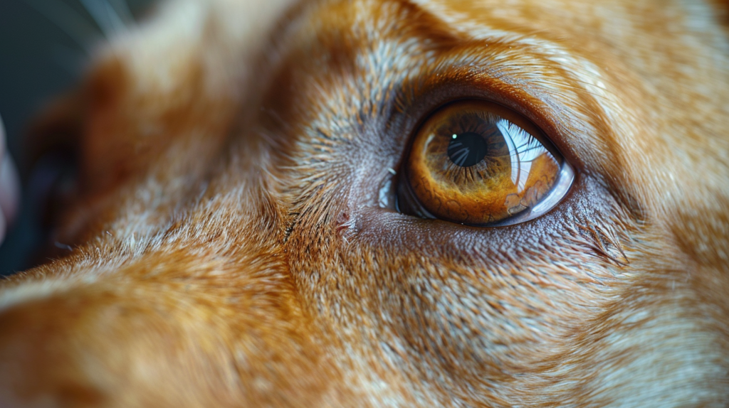 Dog eyes showing yellow jaundice from leptospirosis in dogs liver damage