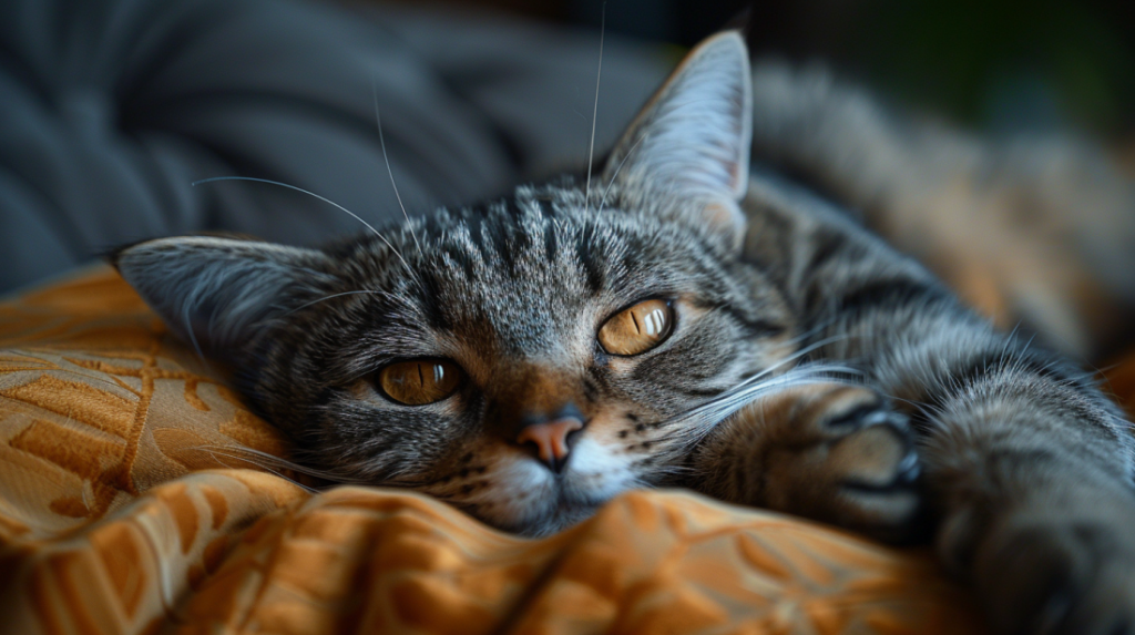 Lethargic cat lying down showing behavioral changes from chronic kidney disease symptoms