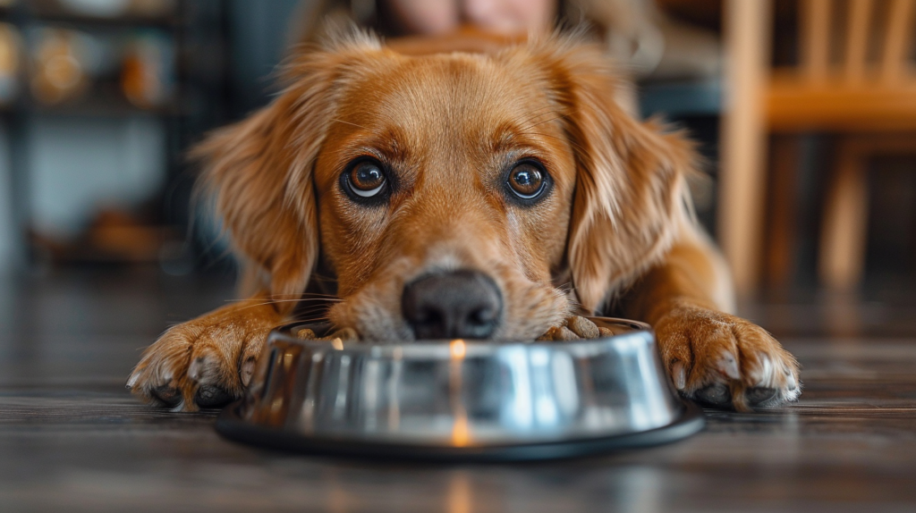 Dog refusing food bowl showing appetite loss from parvovirus in dogs illness