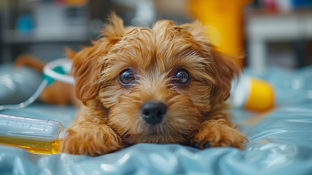 Dehydrated weak dog displaying advanced parvovirus in dogs complications and distress