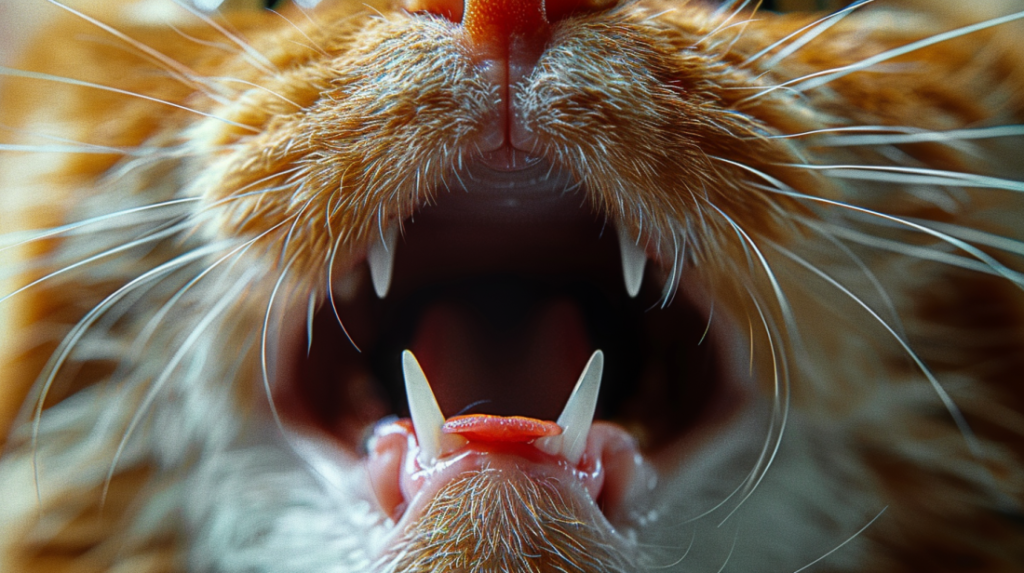 Close-up of cat gums showing red swollen bleeding from gingivitis and dental disease