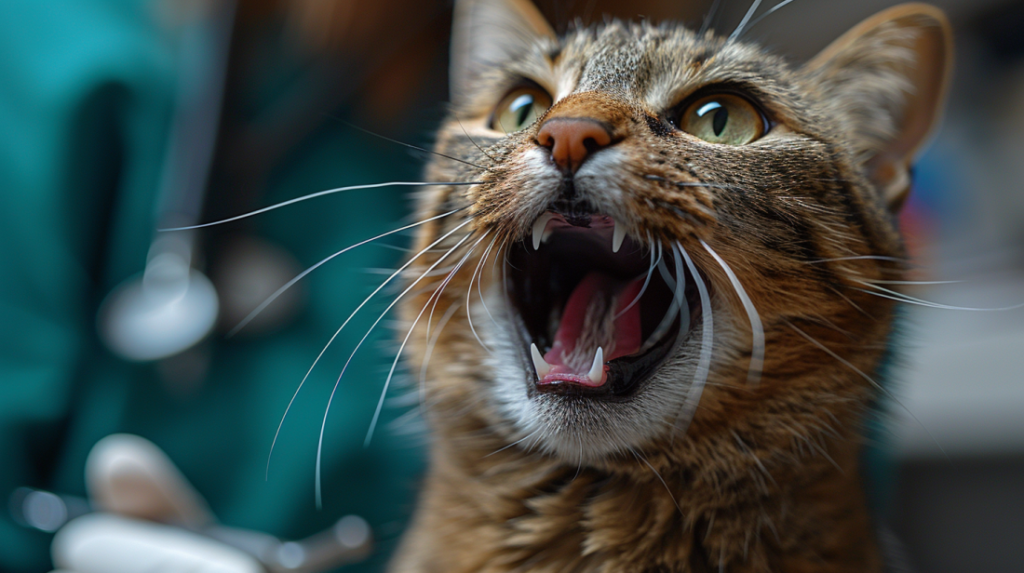 Cat mouth showing severe dental disease caused by Feline Immunodeficiency Virus FIV