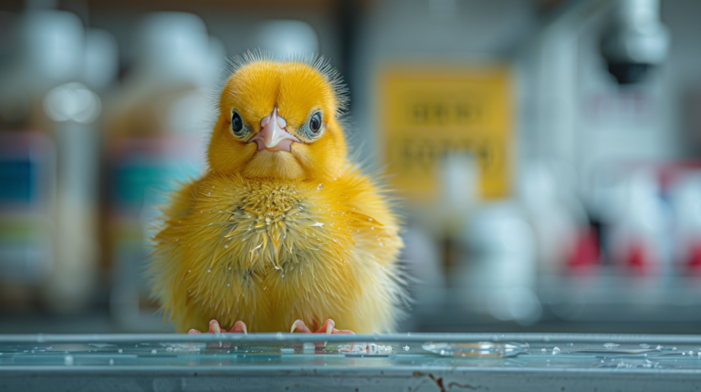 Veterinarian examining bird for avian influenza symptoms with biosafety protocols in professional clinic setting