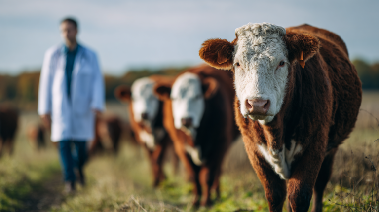 Healthy cattle herd with professional veterinarian providing preventive healthcare for clostridial disease protection
