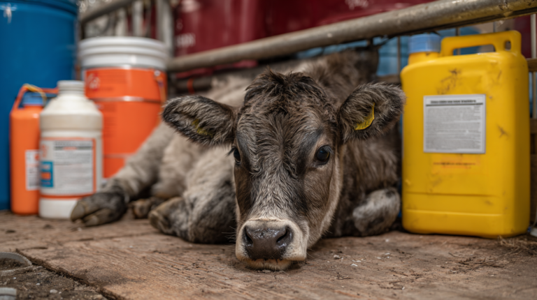 Cow displaying chemical poisoning symptoms receiving urgent veterinary treatment with hazard identification