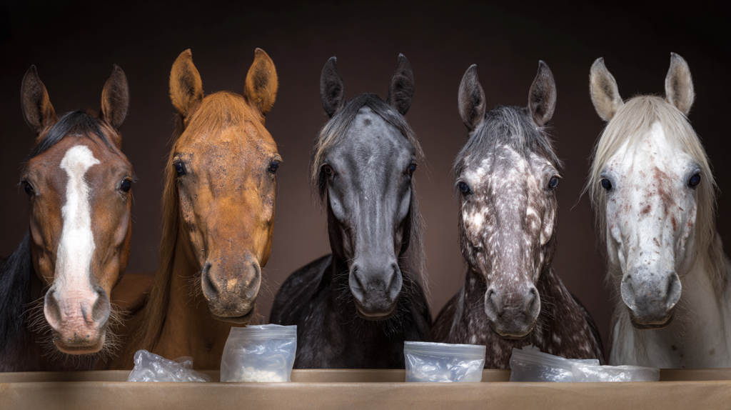 Five horses showing alarming poisoning signs with emergency treatment supplies and veterinary response protocols
