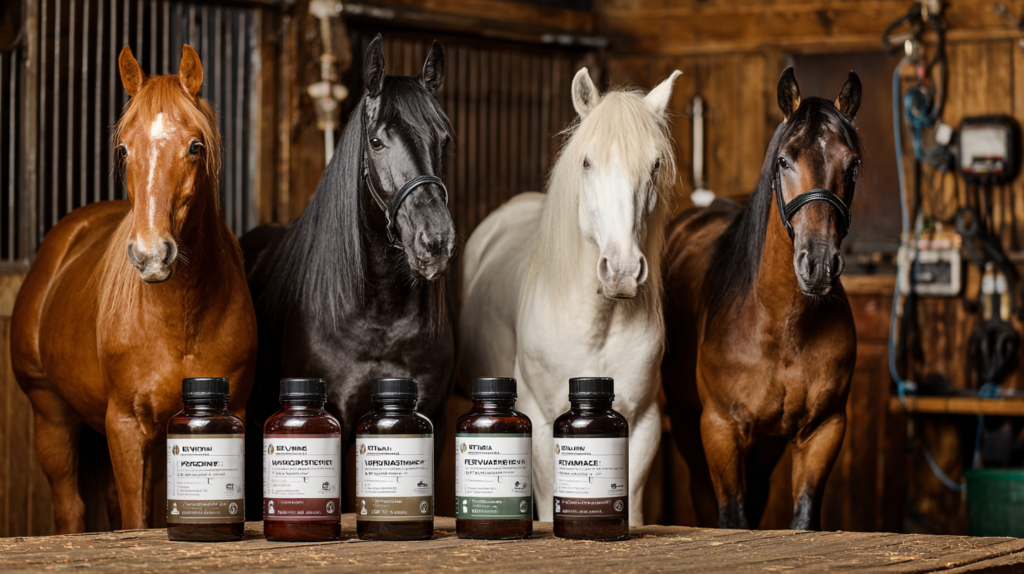 Five horses displaying vitamin toxicity symptoms with equine supplement dosage guidelines for toxicity prevention