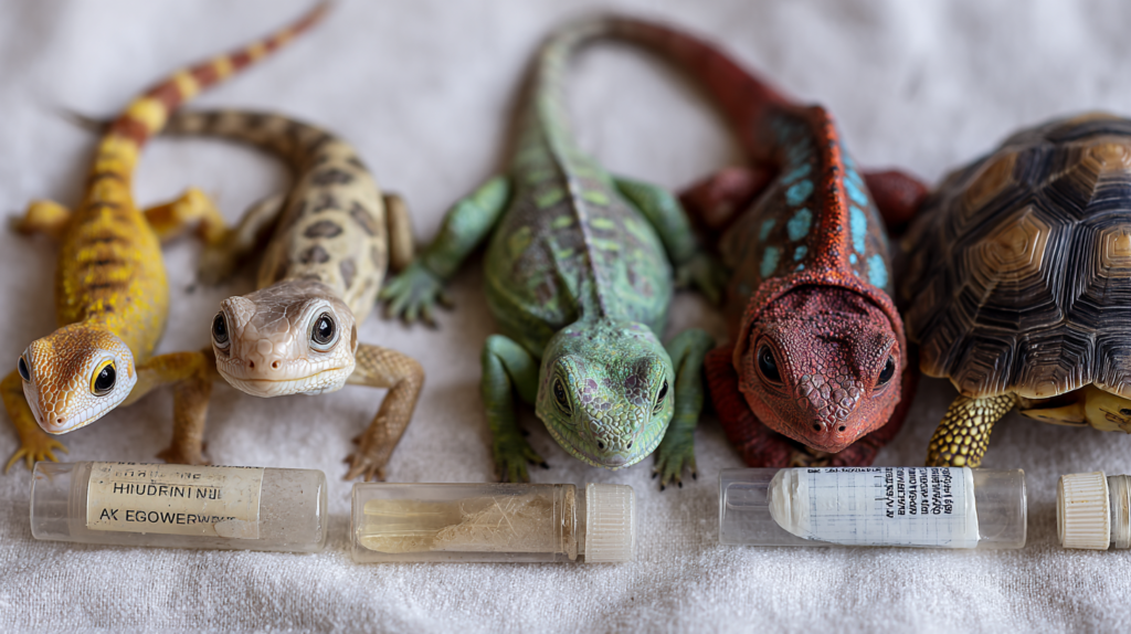 Five reptiles showing alarming poisoning signs with emergency treatment kit and veterinary poison control