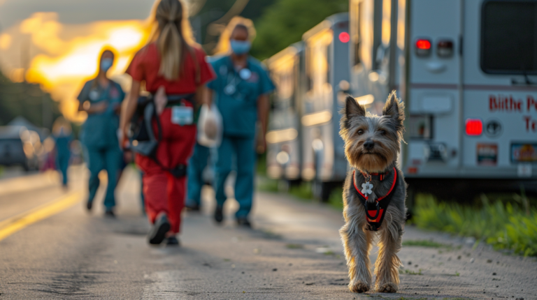 Community pet vaccination event showing families with pets receiving free shots at mobile veterinary clinic