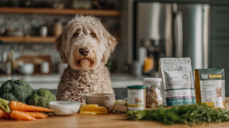 Intelligent dog eagerly anticipating Fresh Pet food preparation showing smart nutrition choice and health benefits