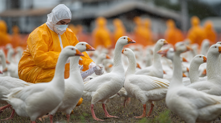 Geese flock with avian influenza symptoms during professional veterinary examination with biosecurity protocols