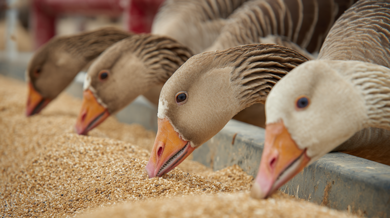Healthy geese with quality feed compared to contaminated samples showing feed safety and quality control