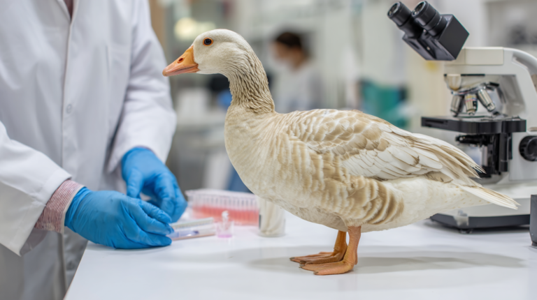 Goose with salmonella symptoms during veterinary testing with biosecurity measures and prevention protocols