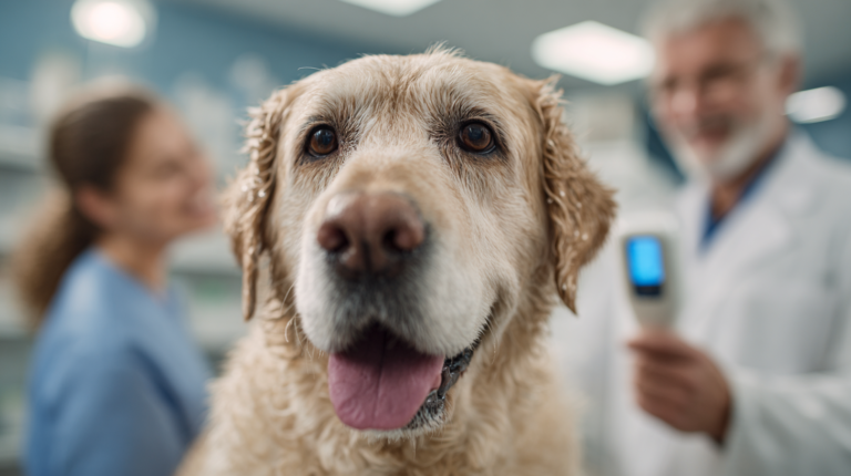 Joyful pet reunion showing Home Again pet recovery service success with family and lost dog reunited