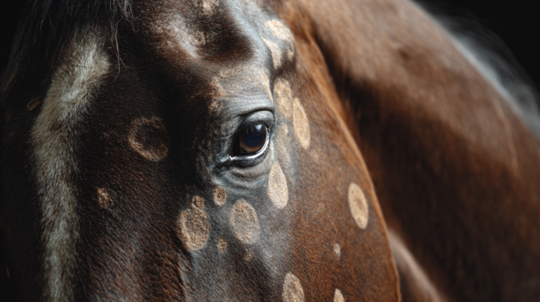 Horse with fungal skin infection during professional dermatological examination with antifungal treatment options