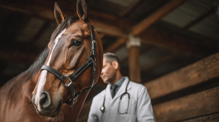 Horse displaying vitamin toxicity warning signs during veterinary examination with equine supplement safety focus