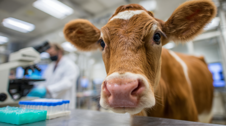 Cow with Johne's disease symptoms during professional veterinary testing for early detection and herd protection
