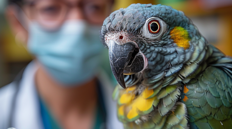 Veterinarian examining pet bird in professional clinic setting, demonstrating Newcastle disease diagnostic process