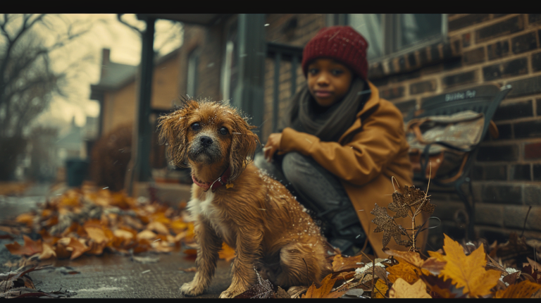 Happy pet reunion scene in Ohio neighborhood showing family finding lost pet with community support