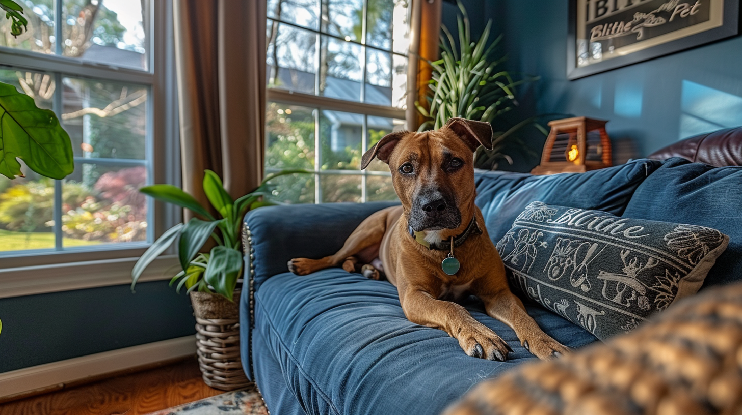 Luxury pet-friendly Airbnb interior with family and pets relaxing comfortably in well-appointed vacation rental