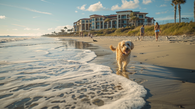 Pet-friendly Myrtle Beach hotel with families and dogs enjoying beachfront vacation activities on sandy shore