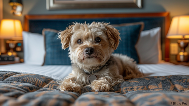 Luxury pet-friendly hotel lobby showing welcoming check-in area with families and pets being greeted by staff