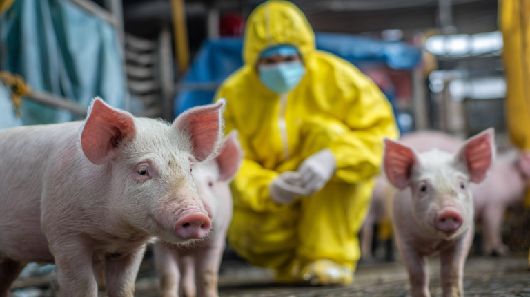 Pigs with foot and mouth disease symptoms during veterinary examination with quarantine and disease control measures