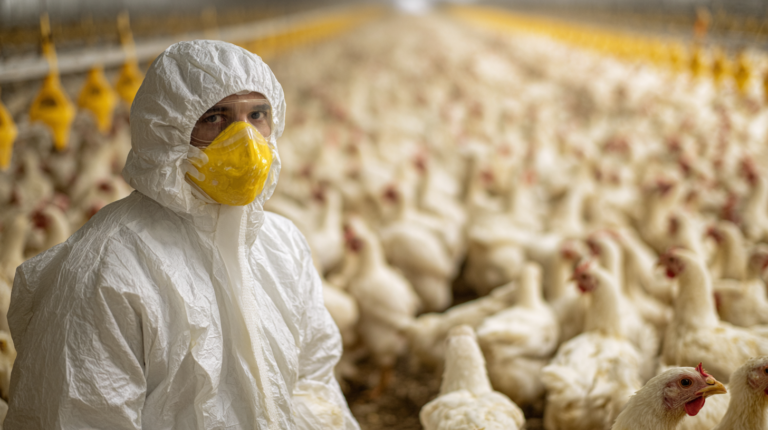 Poultry flock with avian influenza symptoms during emergency veterinary examination with outbreak management protocols