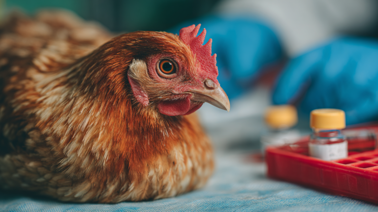 Chicken with Newcastle disease symptoms during professional veterinary examination with biosecurity protocols