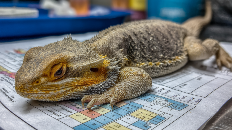 Bearded dragon displaying reptile poisoning symptoms with emergency veterinary care and toxin identification