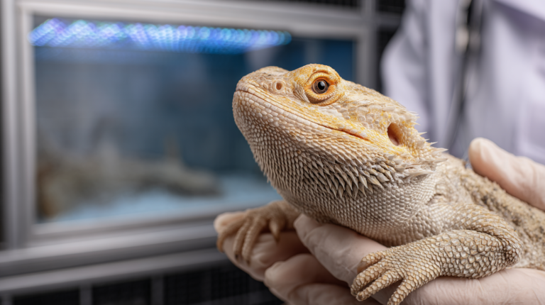 Bearded dragon showing respiratory infection symptoms during professional veterinary examination for early detection and treatment