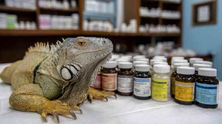 Iguana showing vitamin toxicity symptoms with reptile supplements emphasizing safe dosage and veterinary guidance