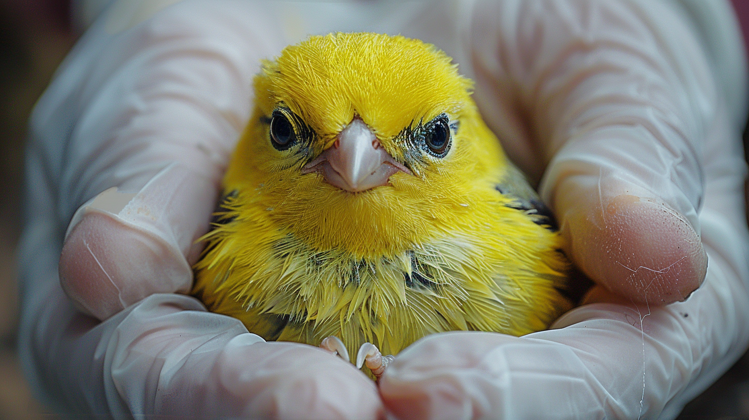 Sick bird receiving urgent veterinary treatment for Salmonella infection in professional avian hospital setting