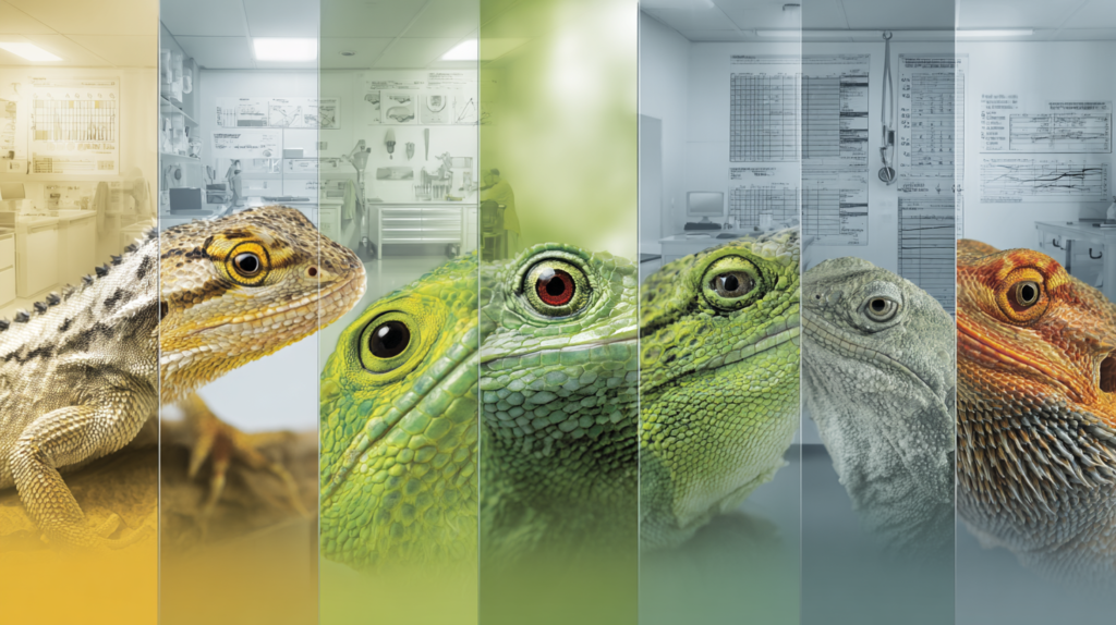 Seven different reptile species displaying critical respiratory infection symptoms for professional veterinary identification and treatment