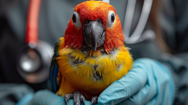Bird receiving emergency zinc poisoning treatment in professional avian veterinary clinic with specialized equipment