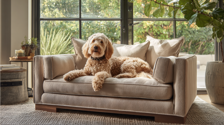 Amazing dog couch designs showing luxurious pet furniture with happy dog relaxing in stylish living room
