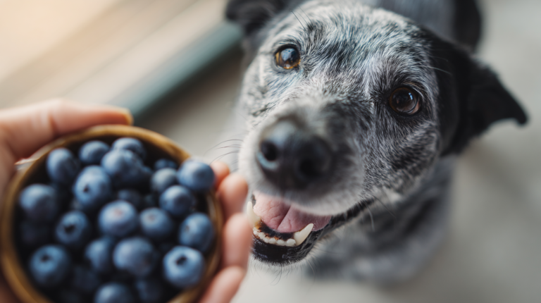 Happy dog safely eating fresh blueberries showing positive health benefits and gentle feeding behavior