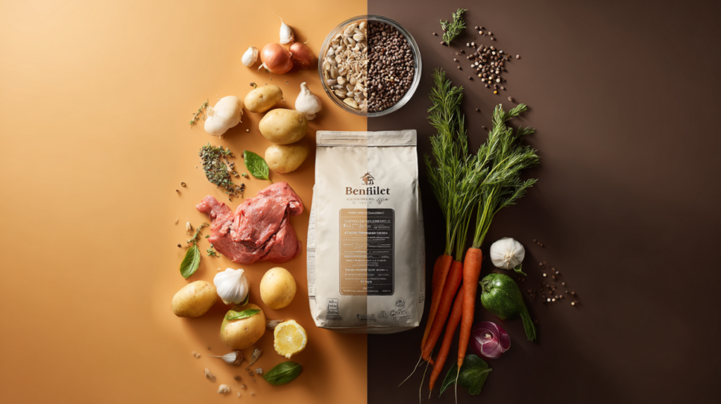 Beneful dog food ingredient analysis showing kibble compared to fresh meat and vegetables for informed pet nutrition decisions