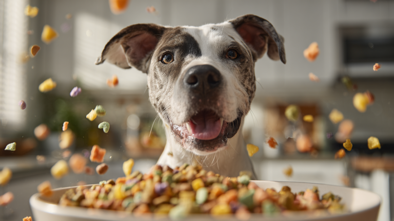 Happy dog eating Beneful dog food showing colorful kibble with vegetables and meat for comprehensive product review