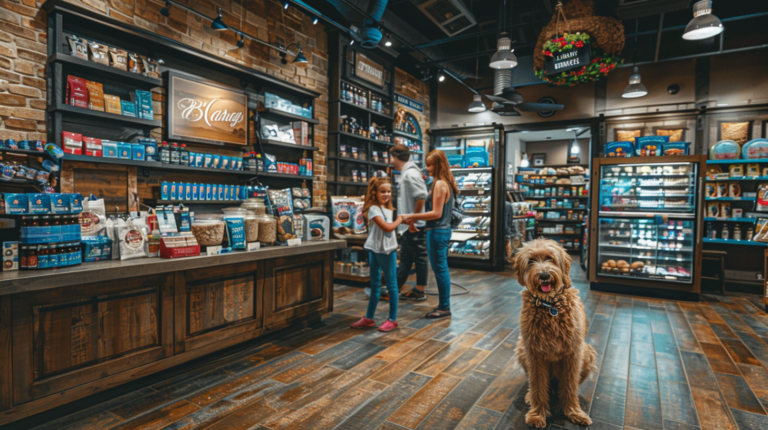 Benson's Pet Center modern storefront with welcoming atmosphere and families with pets entering