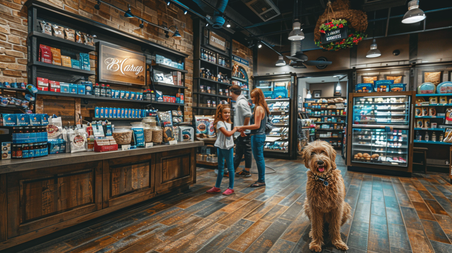 Benson's Pet Center modern storefront with welcoming atmosphere and families with pets entering