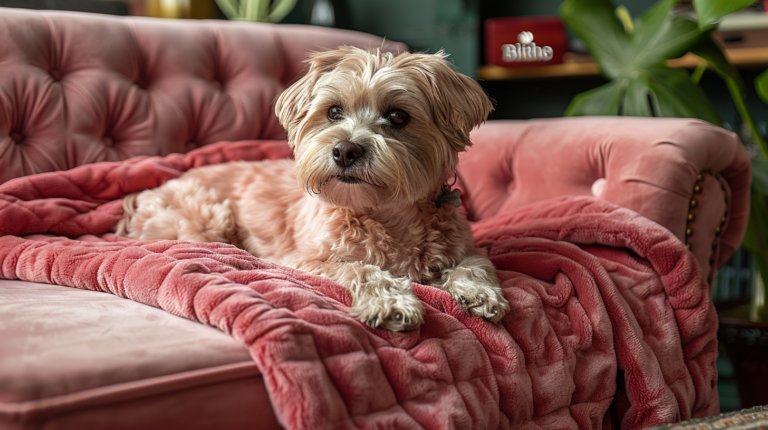 Stylish living room showing protective couch covers with happy dogs lounging comfortably on furniture