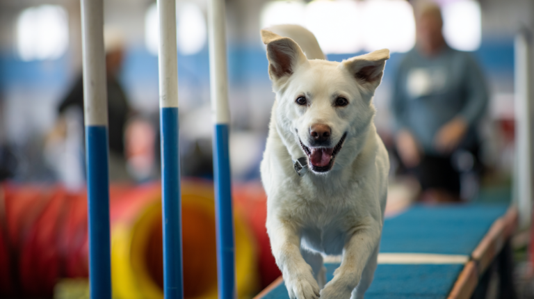 Athletic dog navigating agility obstacles with proud owner showing best local training facilities and skill development