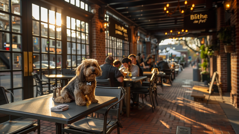 Premium dog-friendly restaurant terrace showing multiple families enjoying meals with their well-behaved dogs